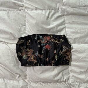Women’s Silk Dragon Crop Top Tube Top Small Black Asian Print Phoenix Stretch